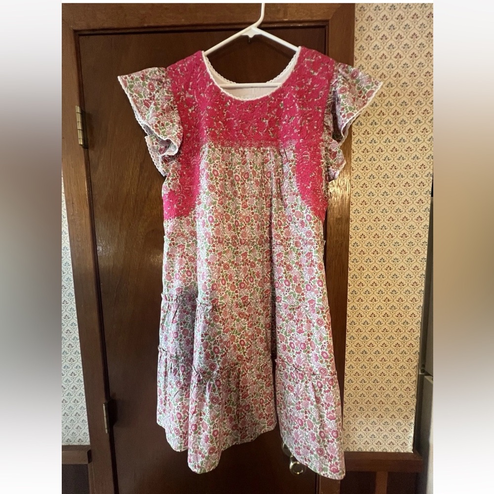 J Marie pink white floral Embroidered Midi Dress Large ruffles Barbie Cottage